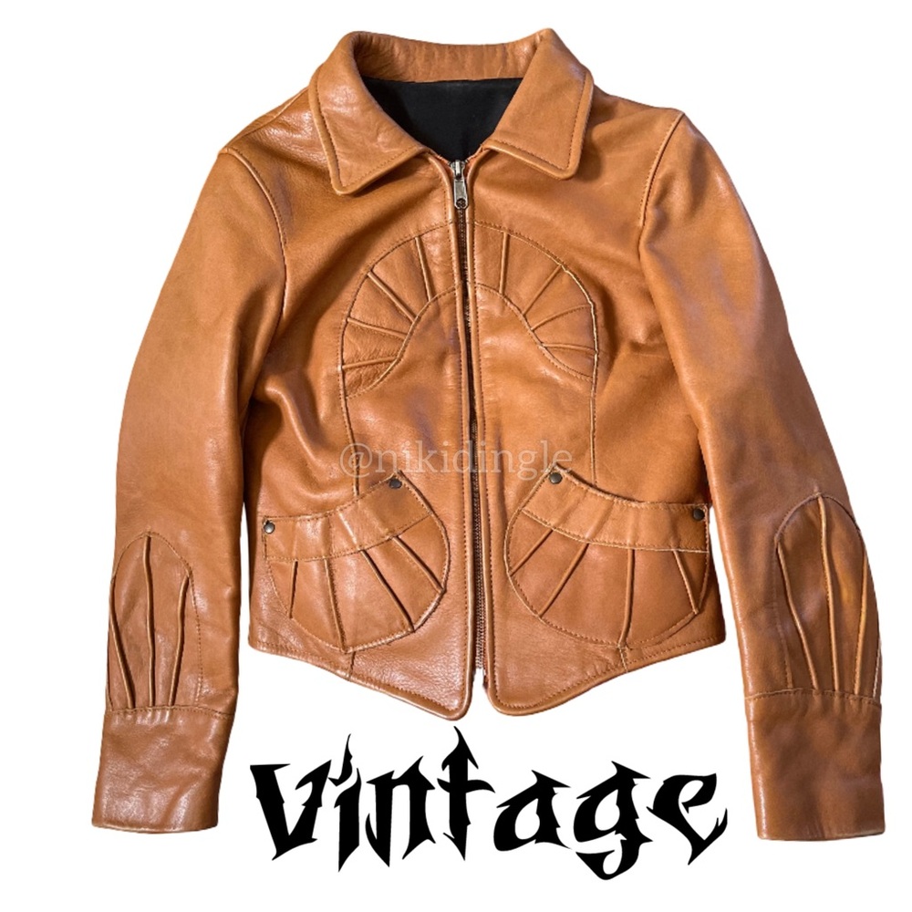 Vintage Handmade Leather Jacket 60s Hippie Boho Moto Biker Woodstock Tan XS